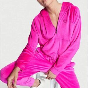 Victoria Secret Womens Velour Set Bottoms Crop Hoodie Jacket Small Pink FA EXC